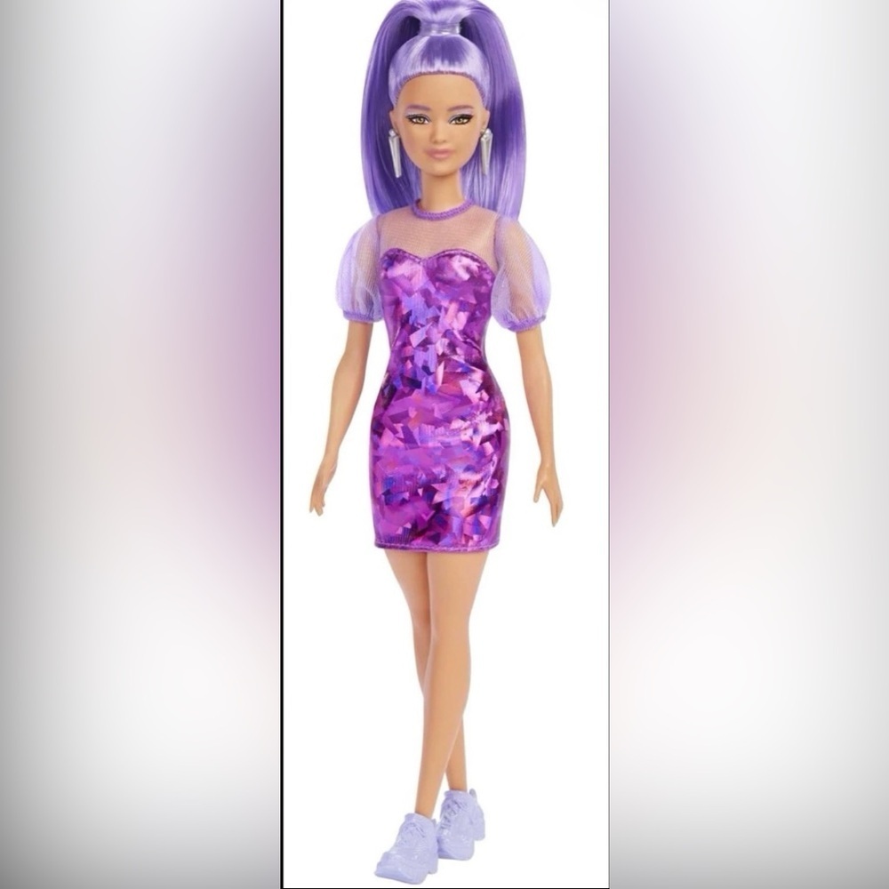 Barbie Fashionistas Doll #178 Petite Long Purple Hair and Purple Metallic Dress